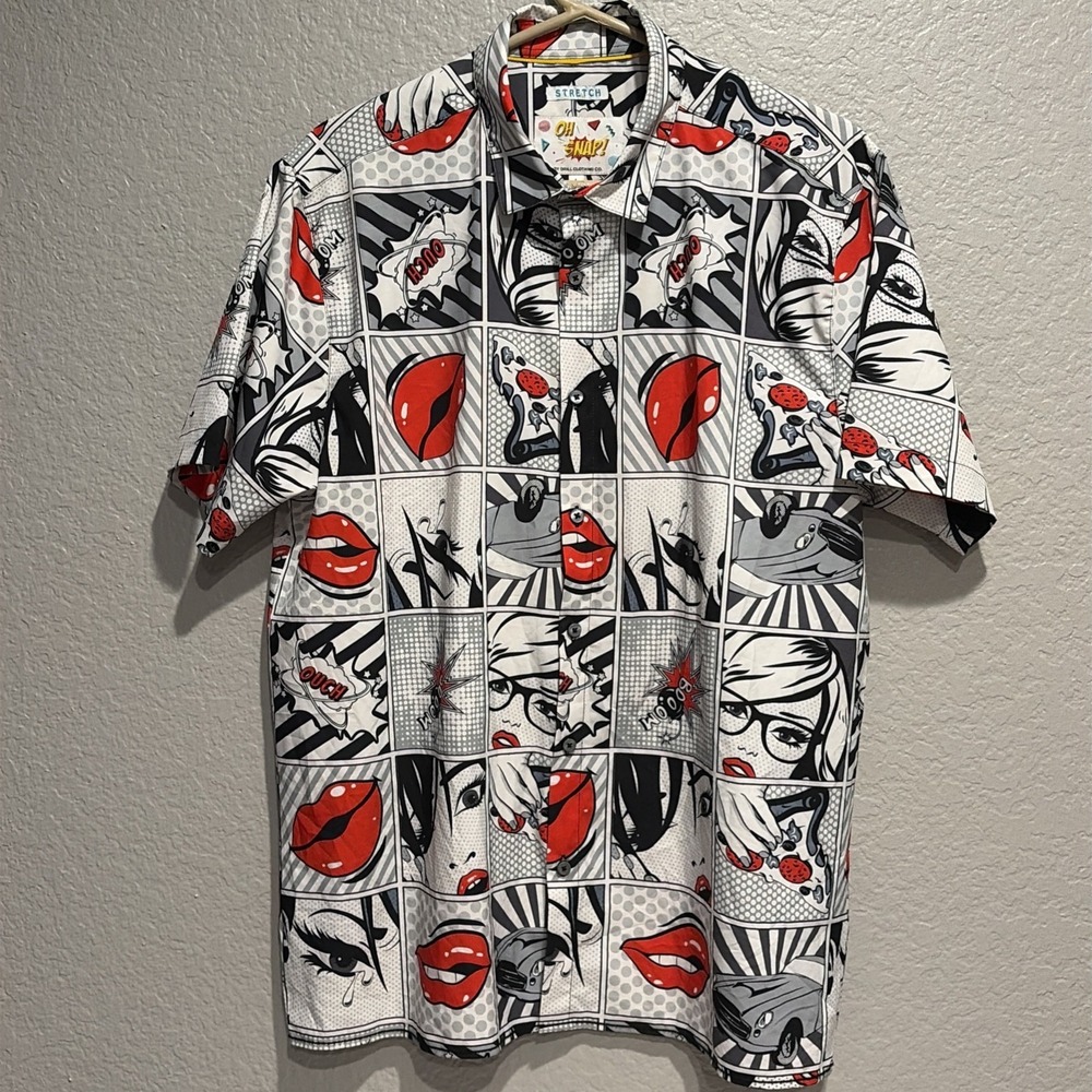 OH SNAP! Men's Shirt By Drill Clothing Co-Colorful Comic Con Size L Stretch